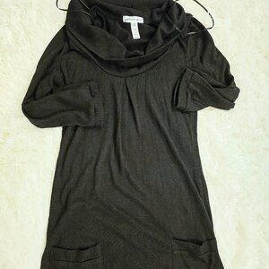 Black tunic cowl drape neck 3/4 sleeve sweater dress w/ pockets